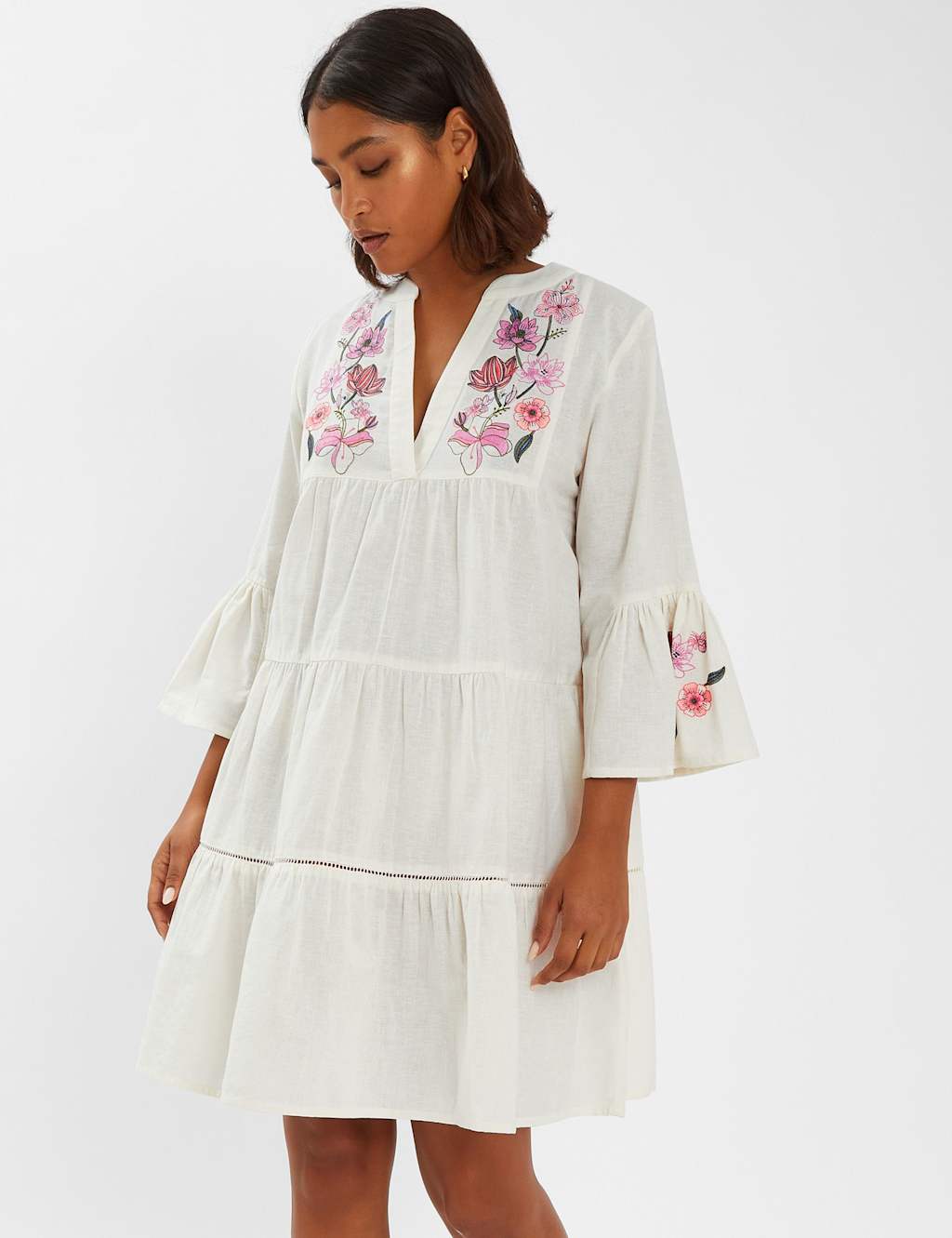 Cotton Rich V-Neck Mini Beach Dress with Linen
