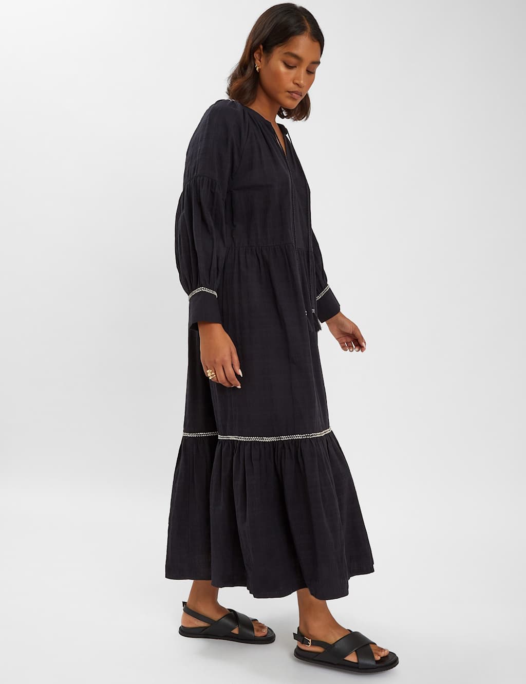 ACCESSORIZE Pure Cotton V-Neck Maxi Tiered Beach Dress Black
