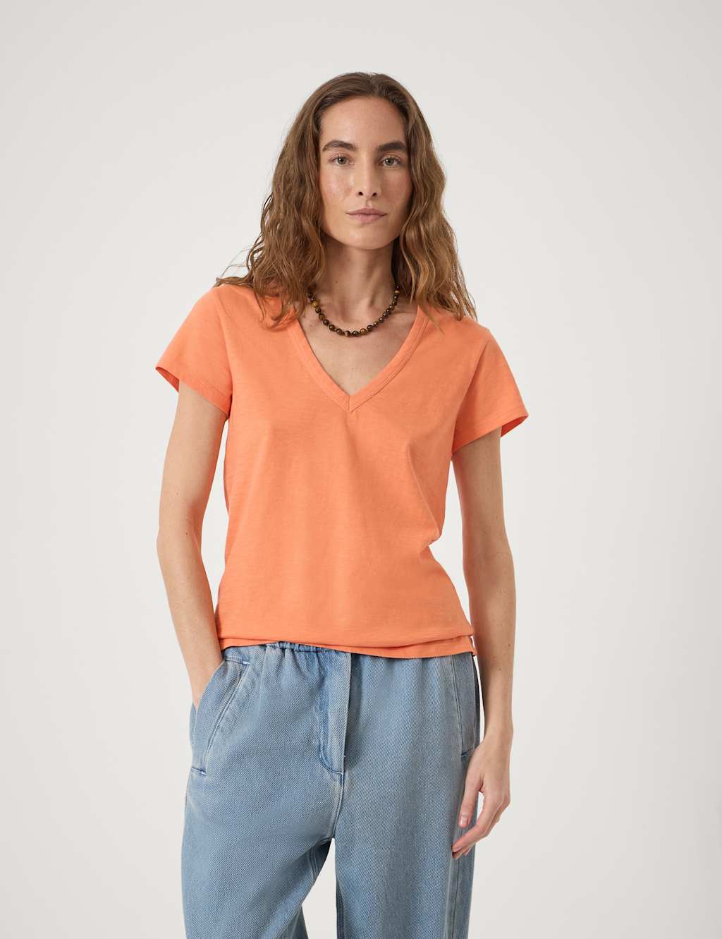 Hush Women's Pure Cotton Textured V-Neck T-Shirt - Small - Light Orange - Available at M&S
