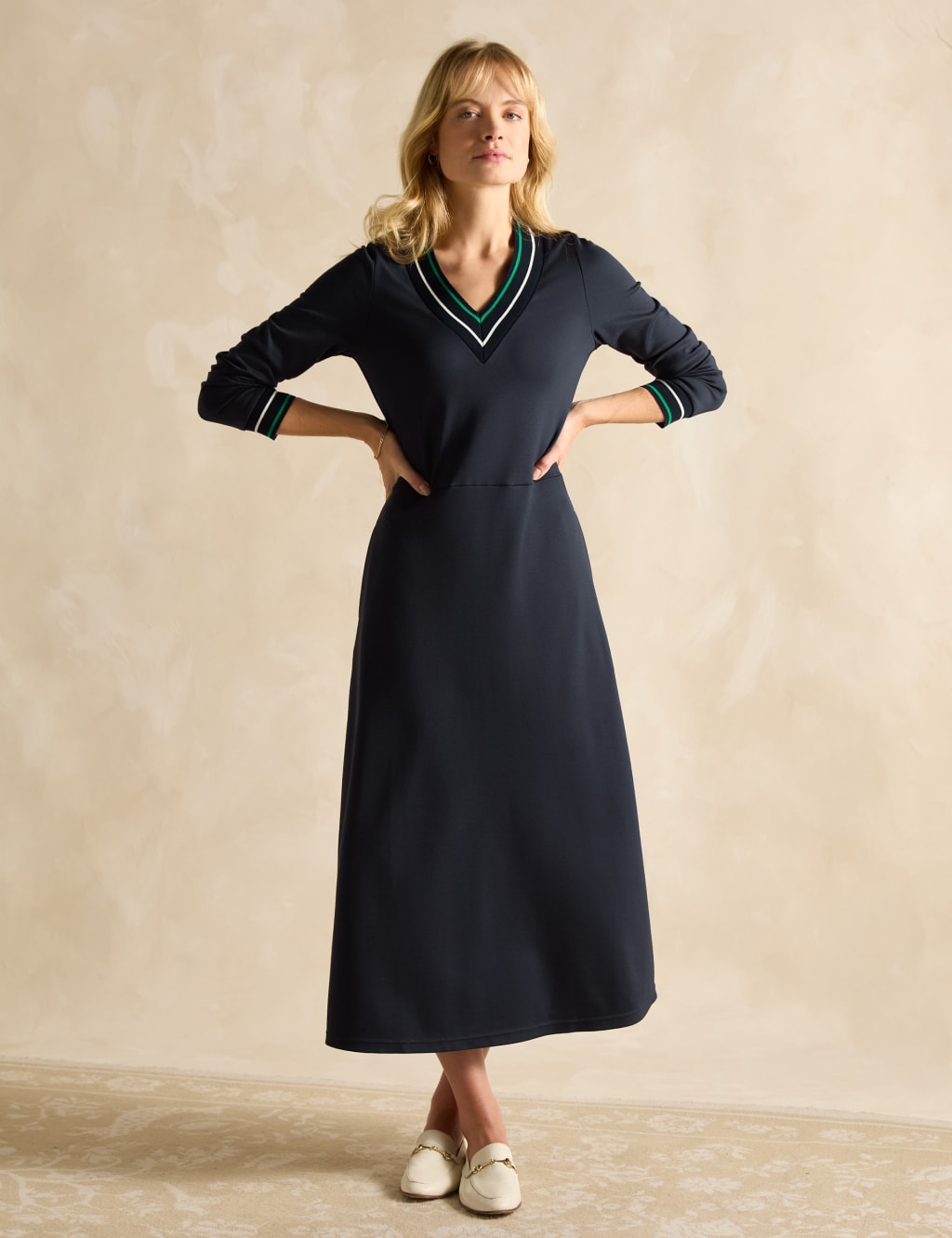 V-Neck Midi Waisted Dress