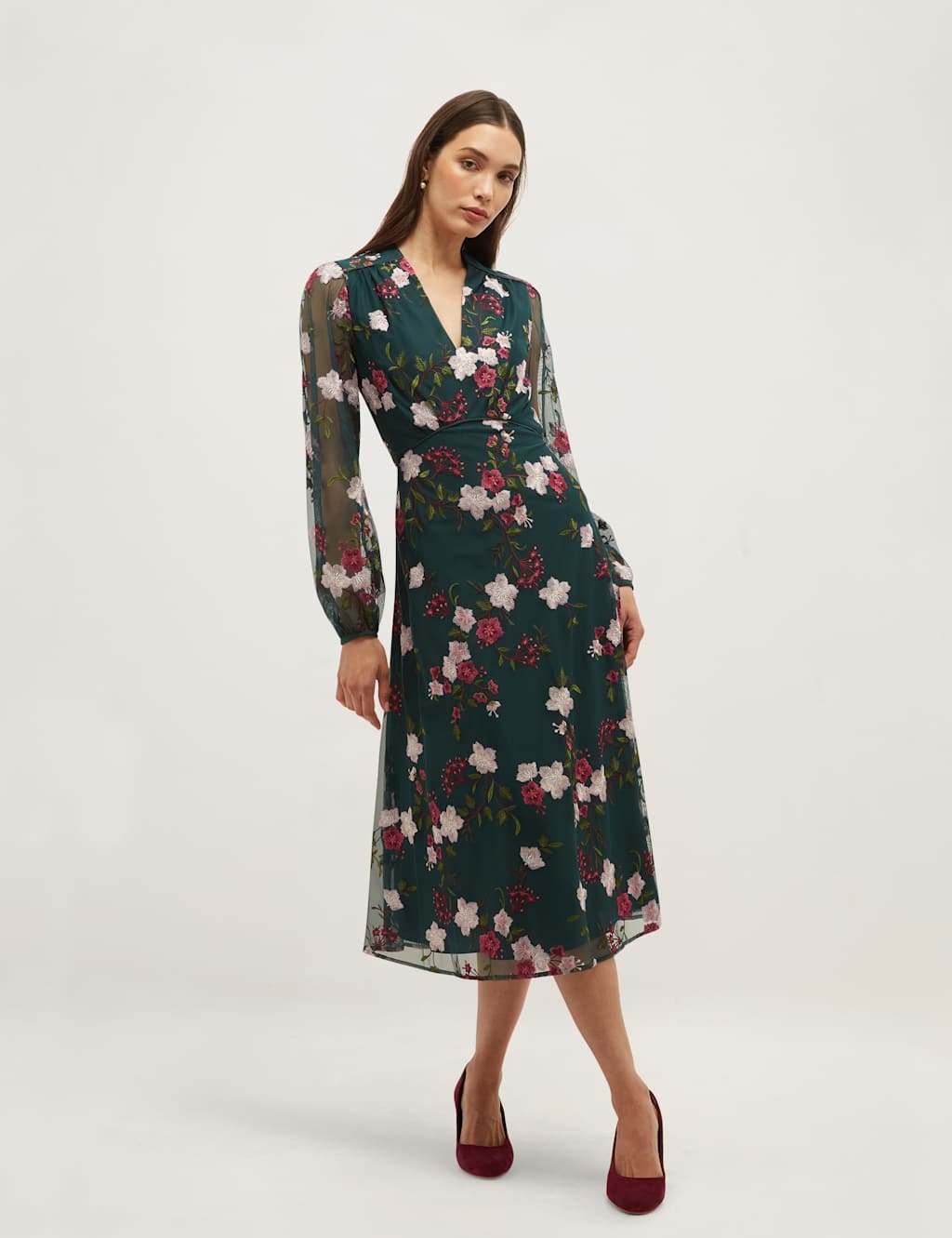 Hobbs Women's Floral Embroidered V-Neck Skater Dress - 14 - Green Mix - Available at M&S