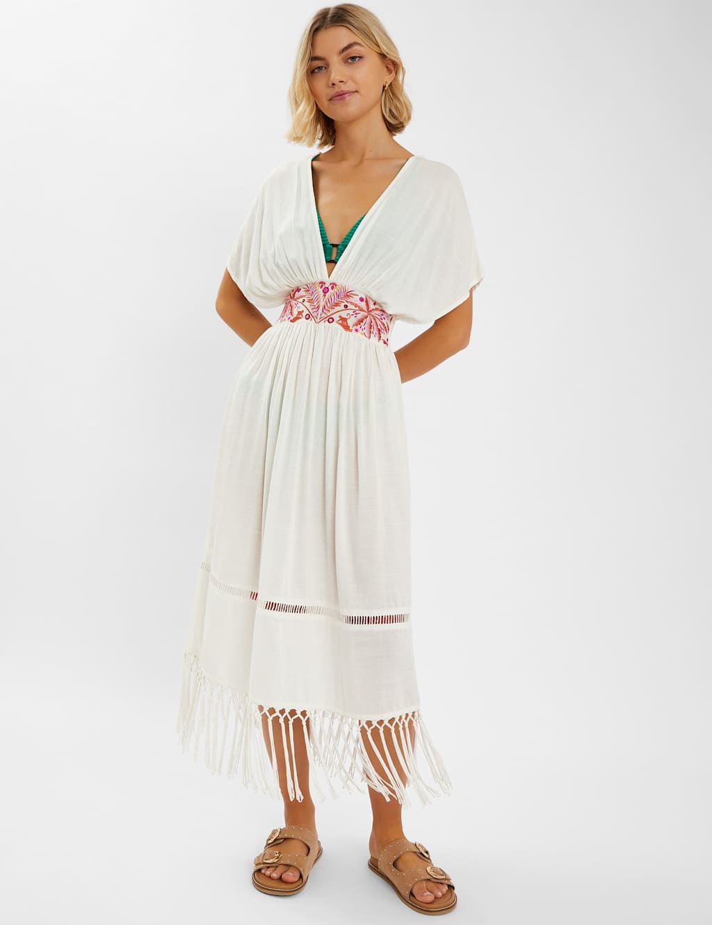 Embroidered V-Neck Fringe Midi Kaftan