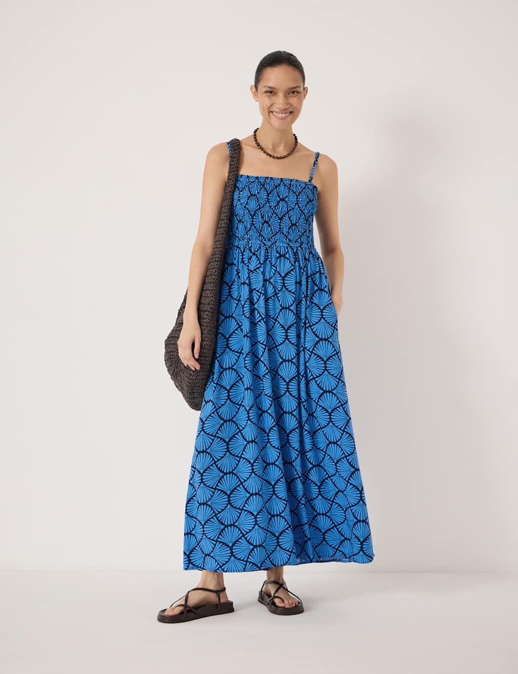 Hush Women's Geometric Square Neck Maxi Shirred Dress - Medium-Large - Blue Mix - Available at M&S