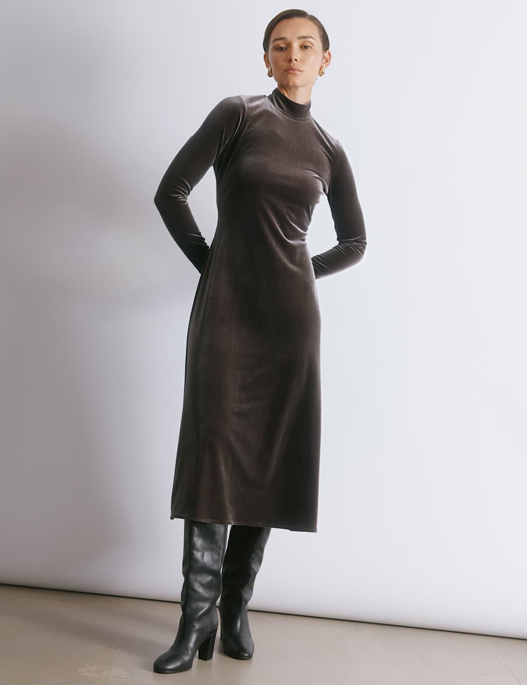 Albaray Velvet Funnel Neck Maxi Column Dress Chocolate