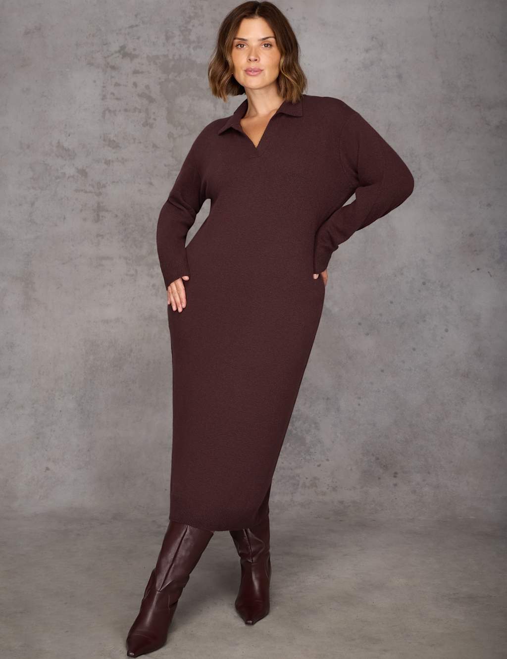 Live Unlimited London Knitted Polo Neck Midi Column Dress Brown