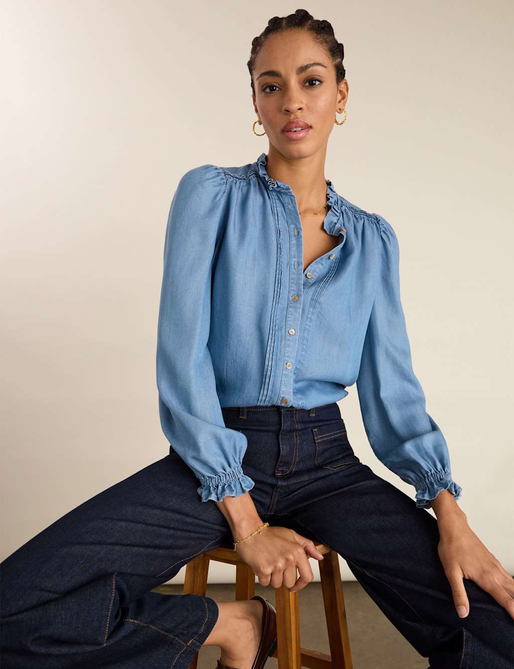 Baukjen Women's Frill Neck Blouse - 14 - Medium Indigo - Available at M&S