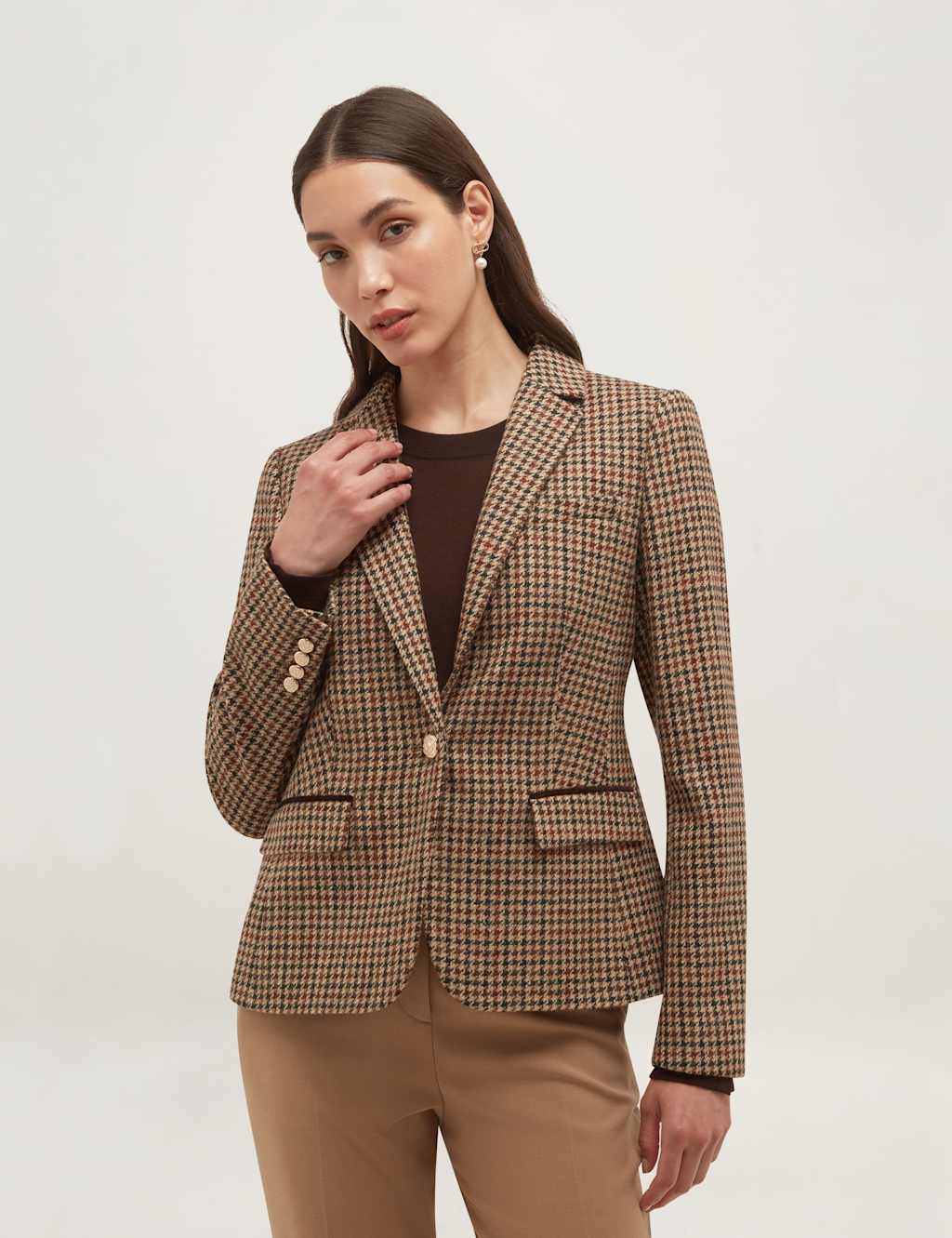 Hobbs Women's Pure Wool Checked Short Jacket - 10 - Brown Mix - Available at M&S