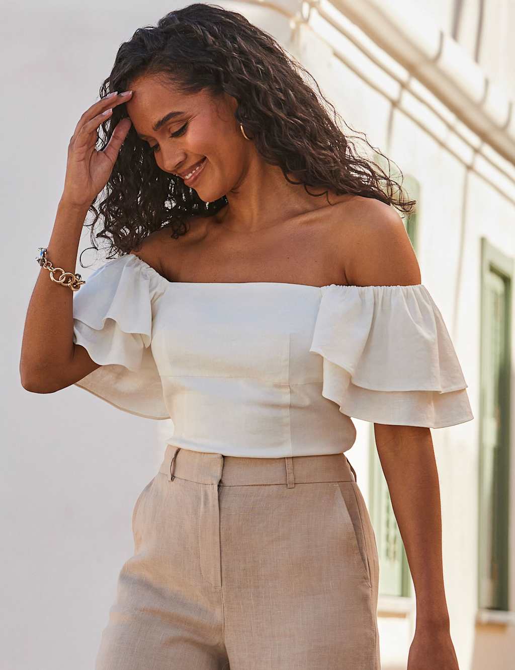 Linen Blend Square Neck Ruffle Sleeve Bardot Top