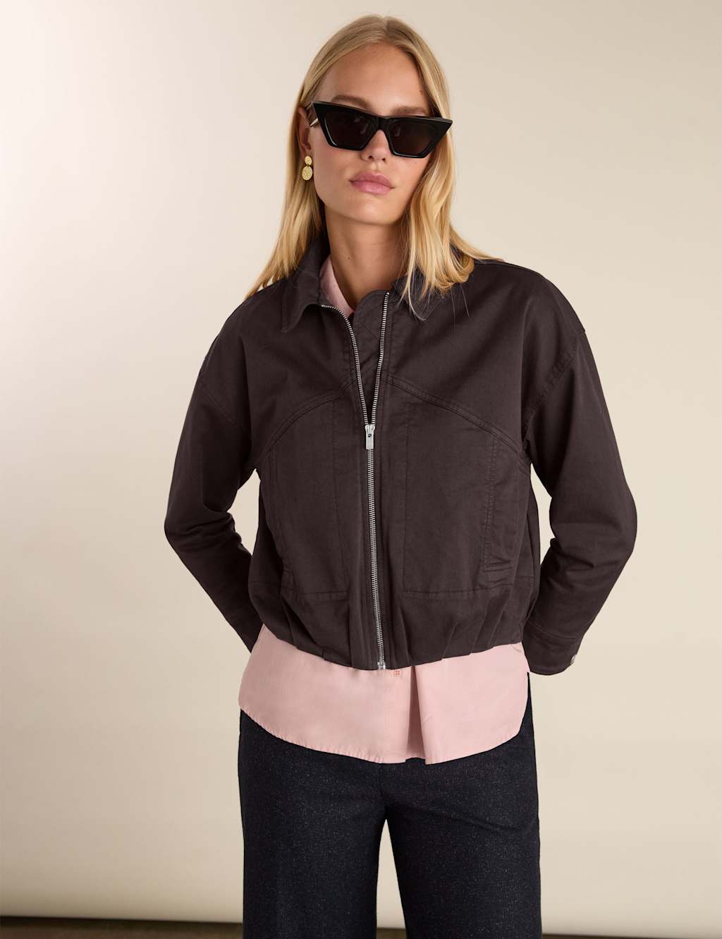 Baukjen Women's Cotton Rich Relaxed Cropped Bomber Jacket - 10 - Dark Brown - Available at M&S