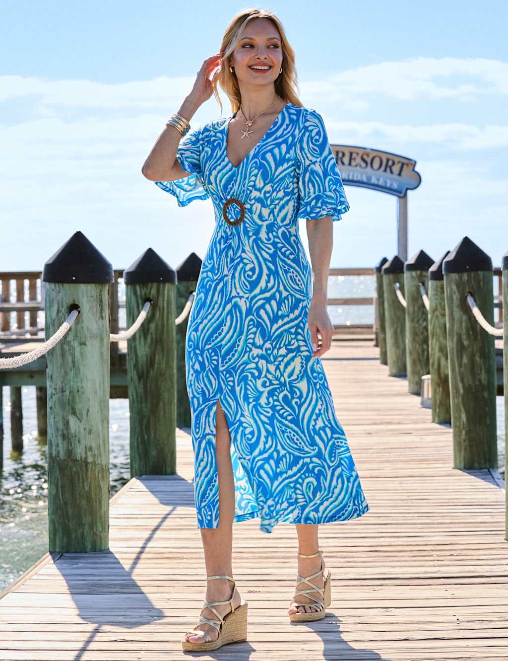 Sosandar Women's Paisley V-Neck Ring Front Angel Sleeve Midi Tea Dress - 10 - Blue Mix - Available at M&S
