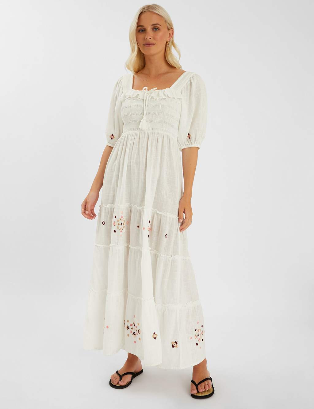 ACCESSORIZE Pure Cotton Embroidered Maxi Beach Dress Ivory