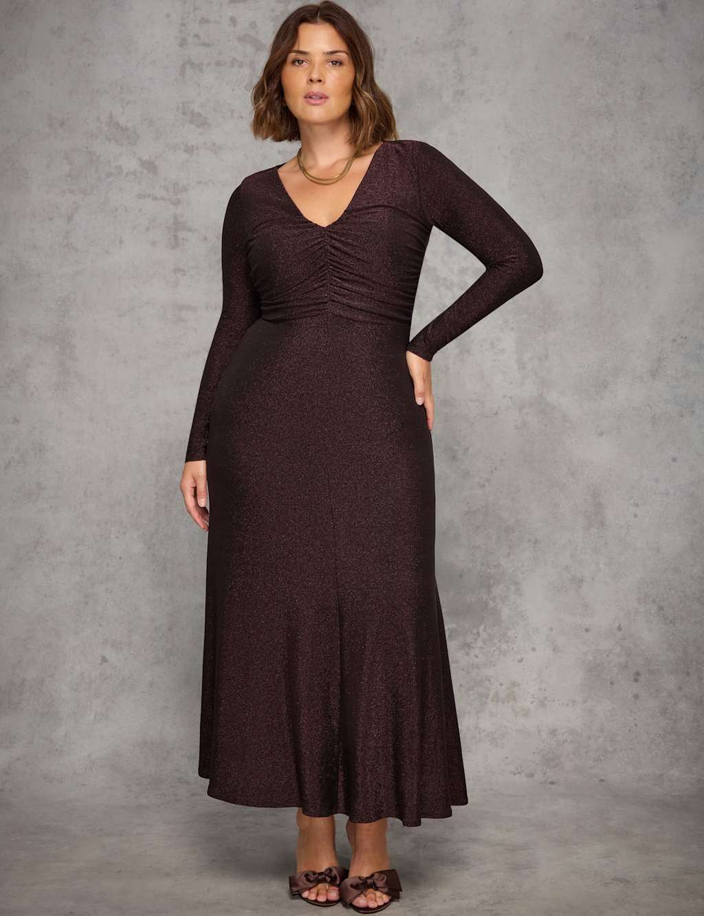 Live Unlimited London Jersey Sparkly Ruched Midaxi Skater Dress Brown