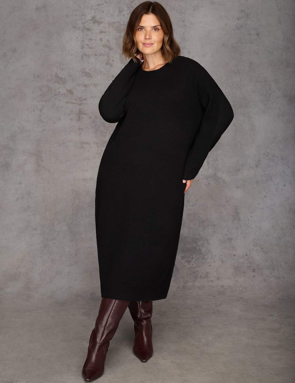 Live Unlimited London Crew Neck Midi Jumper Dress with Wool Black