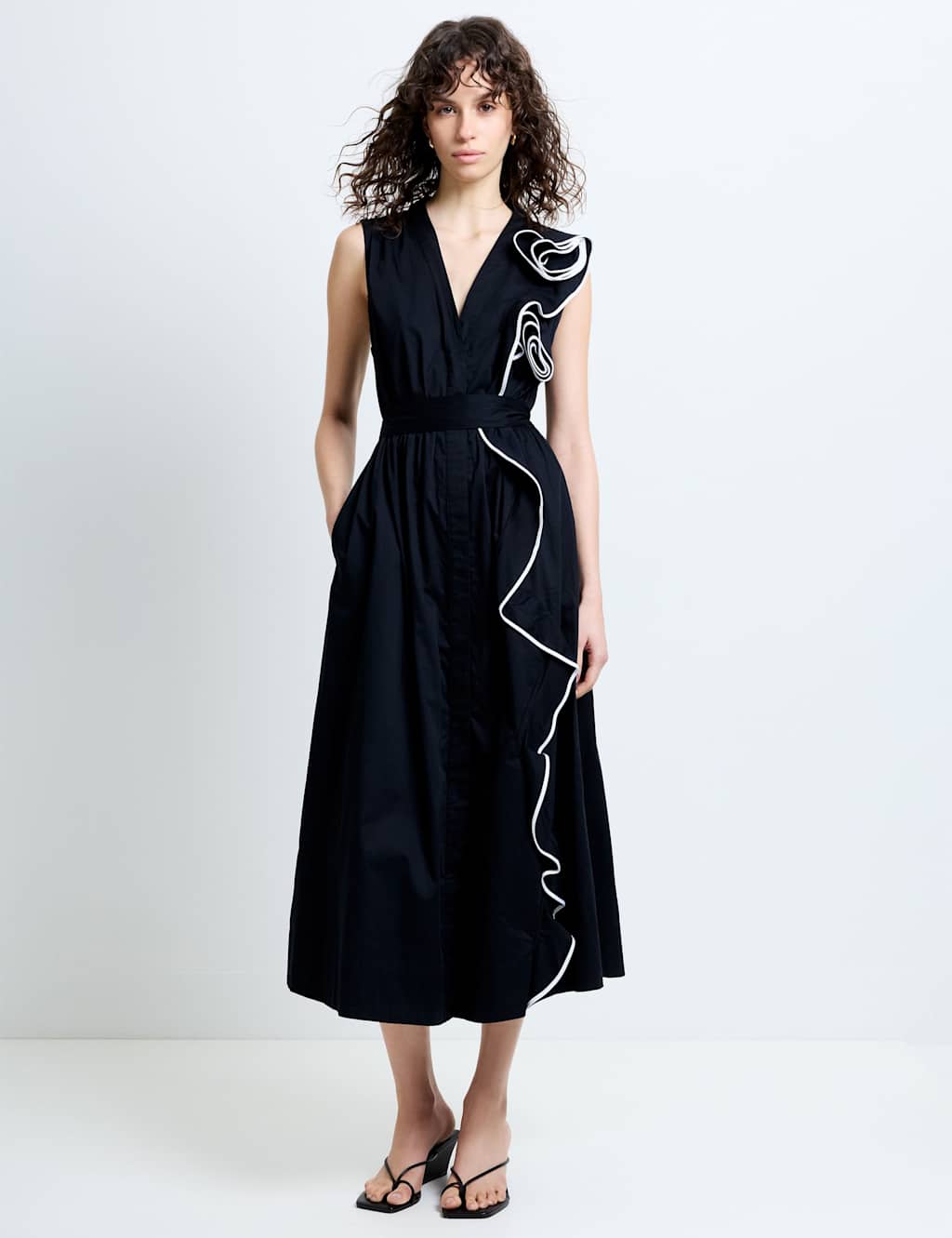 French Connection Women's Pure Cotton Poplin Corsage Midi Dress - 8 - Black Mix - Available at M&S