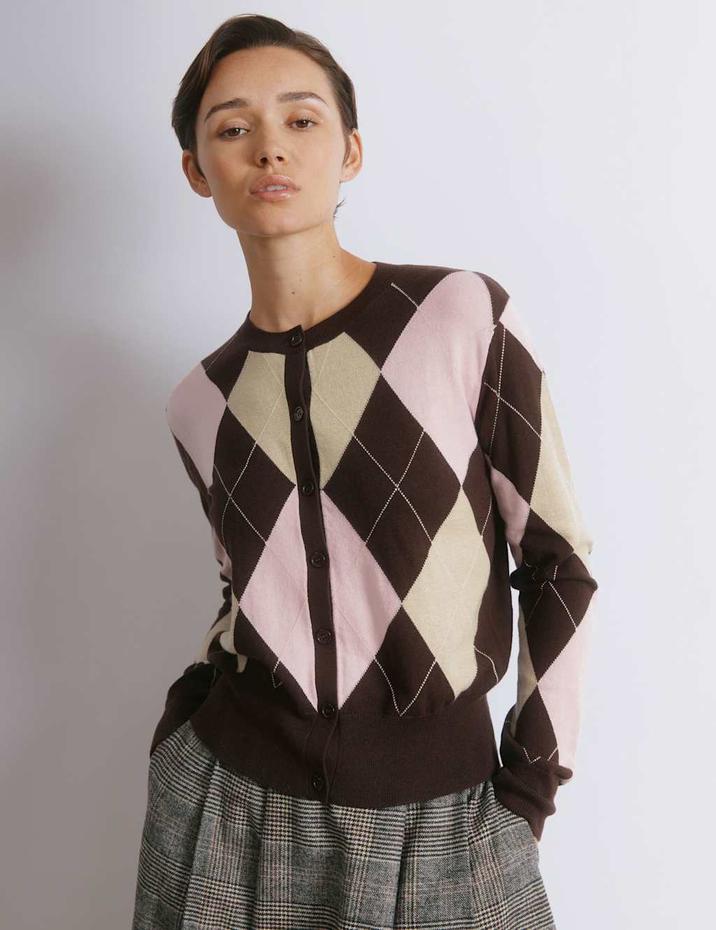 Albaray Argyle Crew Neck Cardigan with Wool Pink