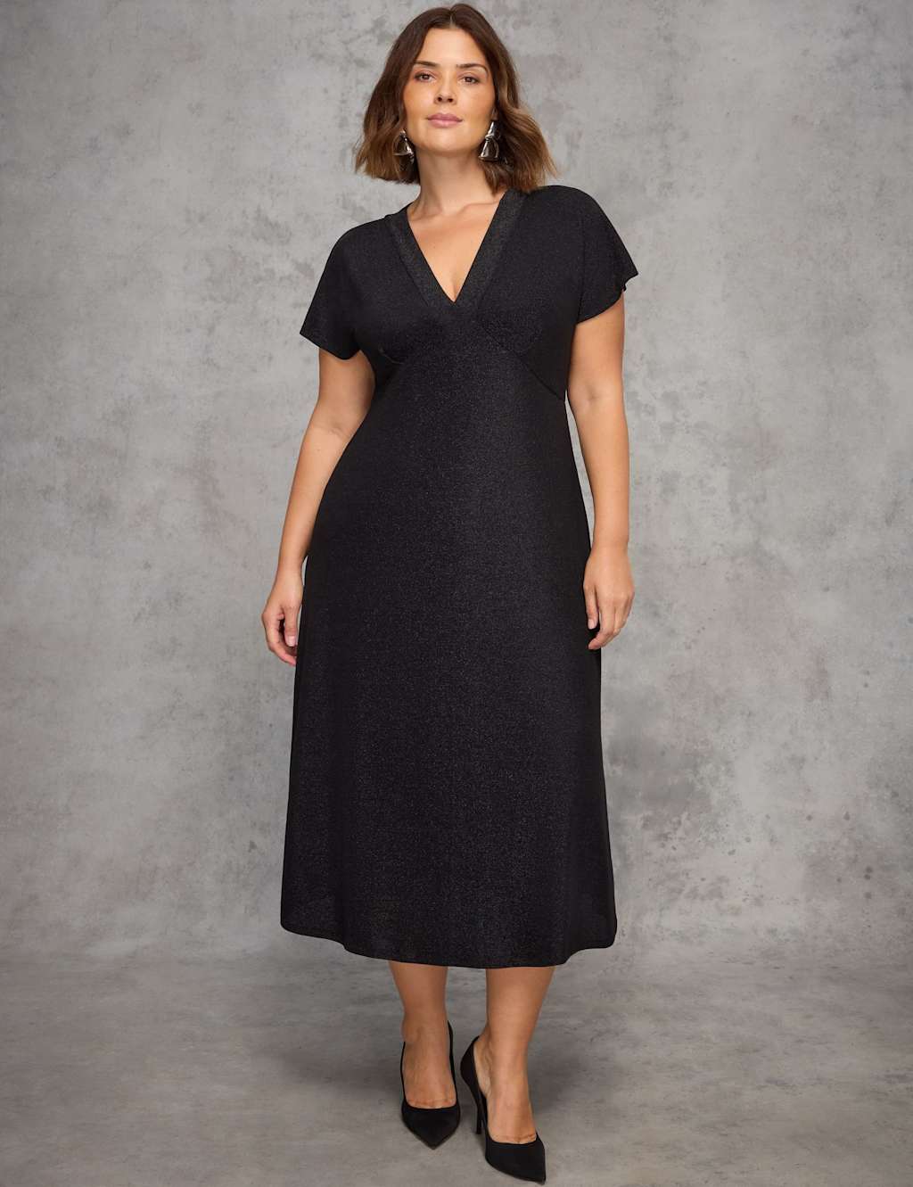 Live Unlimited London Jersey Sparkly V-Neck Midi Skater Dress Black