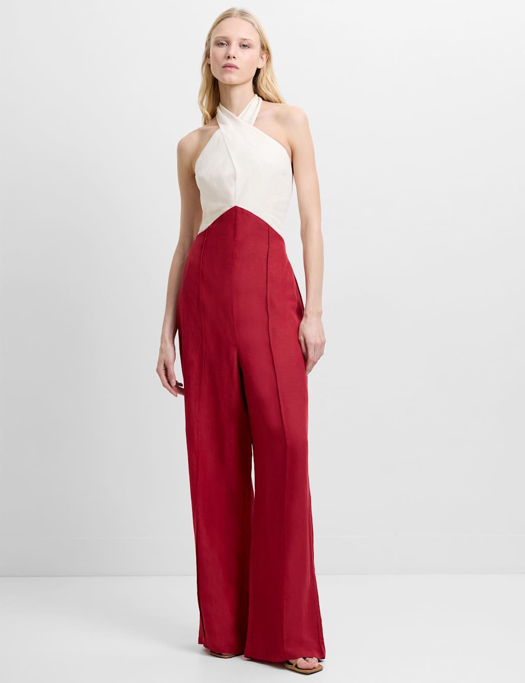 French Connection Women's Linen Blend Halterneck Sleeveless Jumpsuit - 16 - Burgundy Mix - Available at M&S