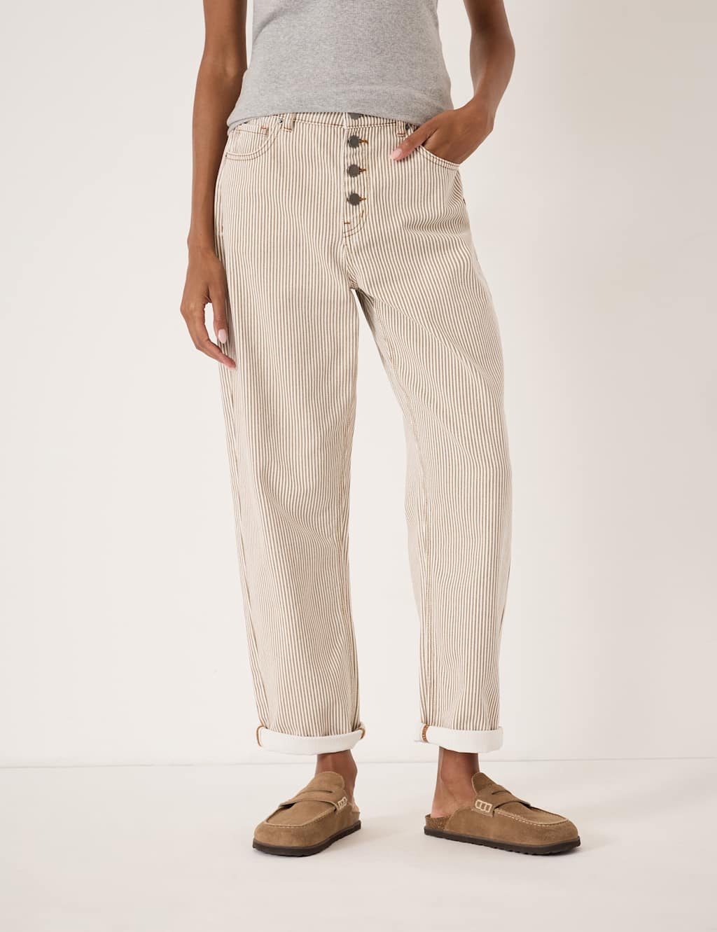 Hush Women's Boyfriend Striped Button Front Turn Up Jeans - 8 - Natural Mix - Available at M&S