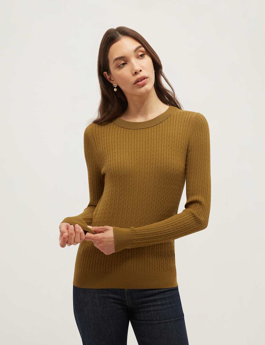 Hobbs Women's Crew Neck Cable Knit Jumper - Small - Khaki - Available at M&S