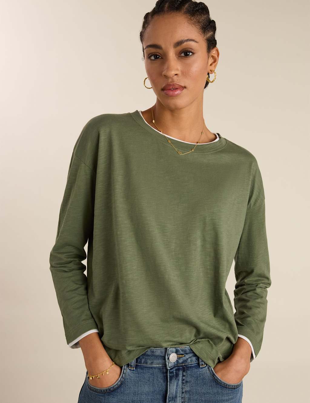 Baukjen Women's Pure Cotton Jersey Relaxed Contrast Top - 10 - Khaki - Available at M&S