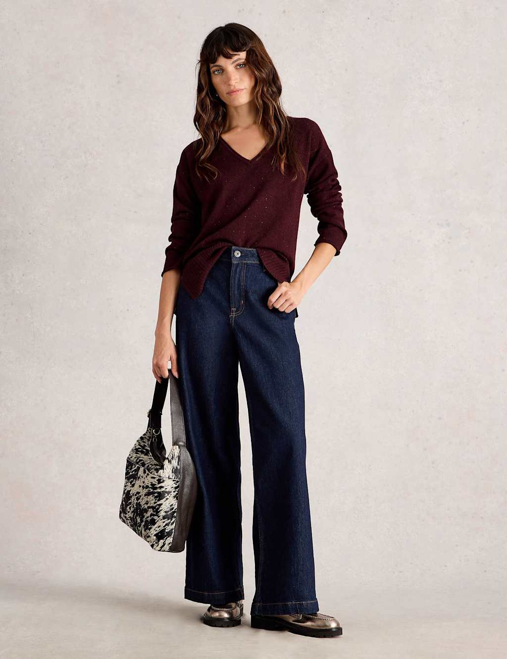 White Stuff Pure Lambswool Neppy V-Neck Jumper Purple