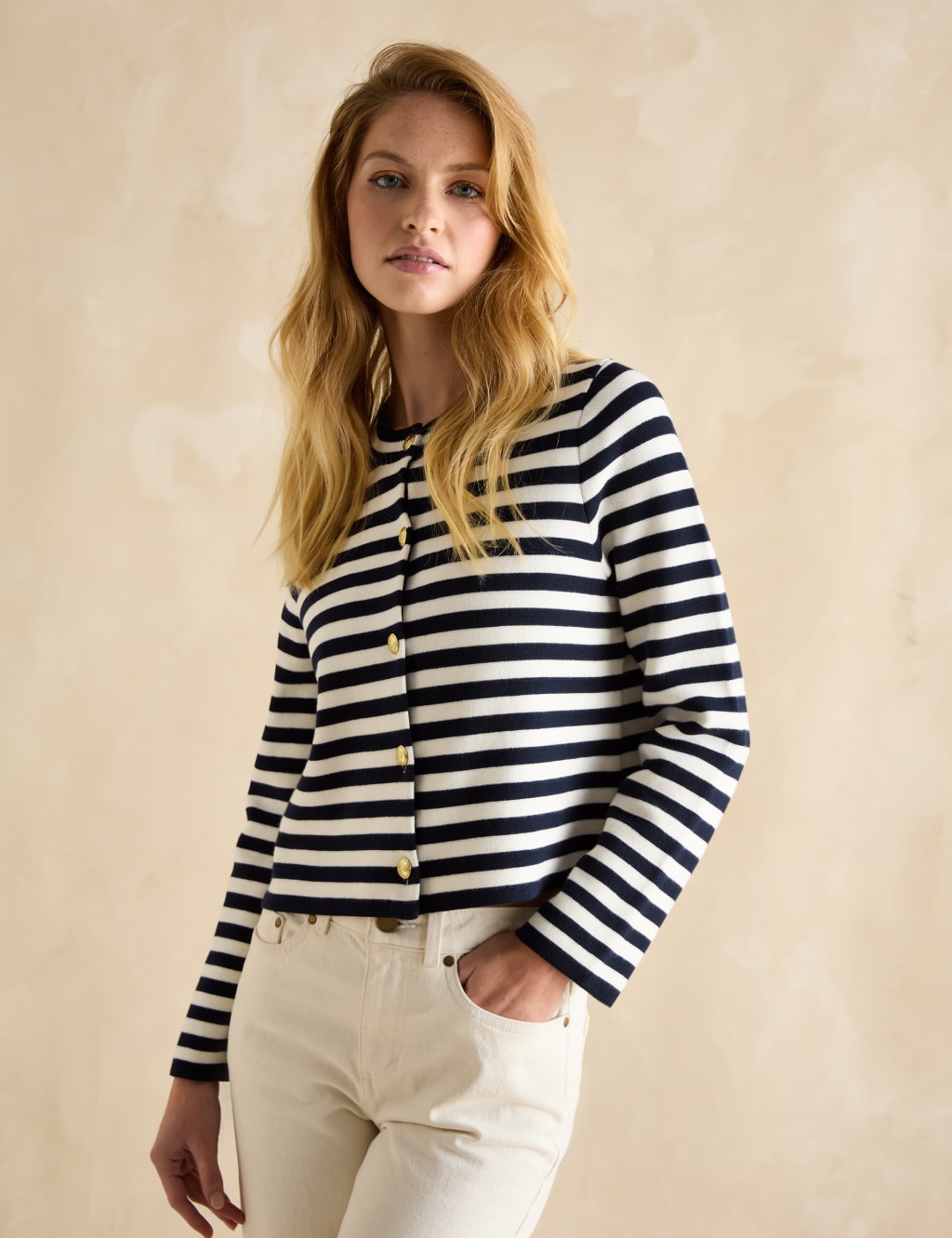 Pure Cotton Striped Crew Neck Cardigan