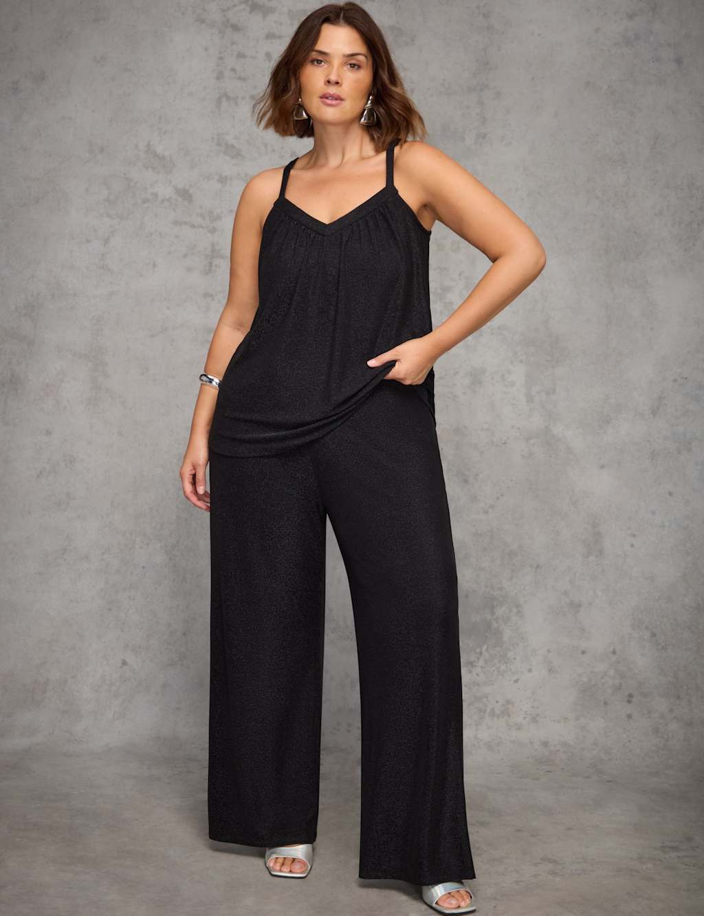 Live Unlimited London Jersey Sparkly Wide Leg Trousers Black