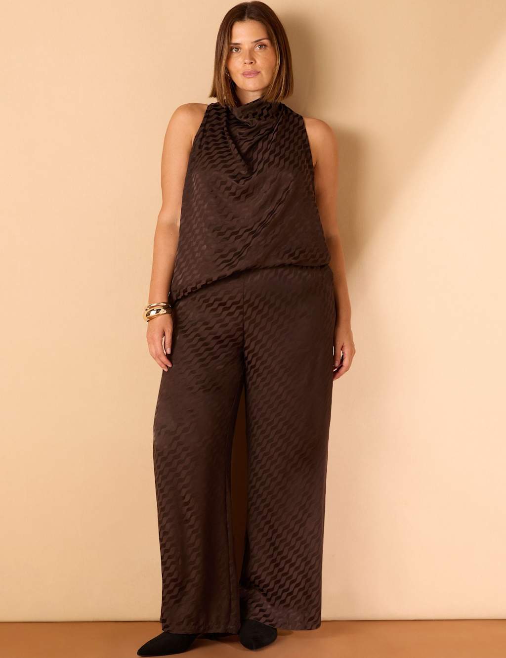 Live Unlimited London Jacquard Elasticated Waist Wide Leg Trousers Brown