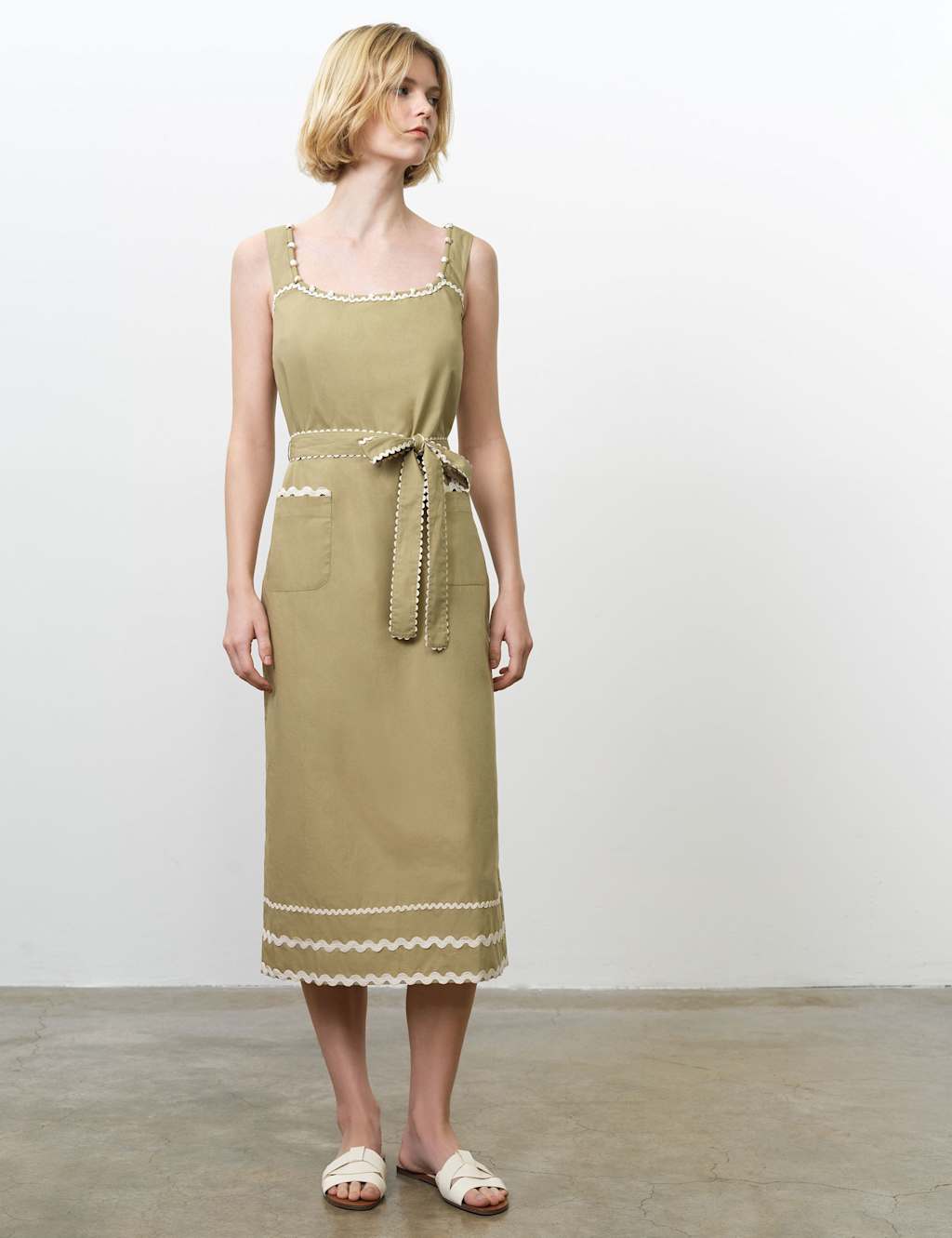 French Connection Women's Pure Cotton Square Neck Midi Waisted Dress - 16 - Green Mix - Available at M&S