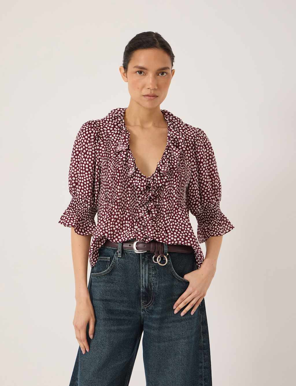 Hush Women's Spot Print V-Neck Relaxed Ruffle Blouse - Extra Small - Blue Mix - Available at M&S