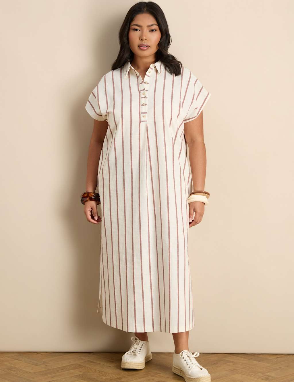 Live Unlimited London Women's Striped Midaxi Shirt Dress with Linen - 18 - Oatmeal - Available at M&S