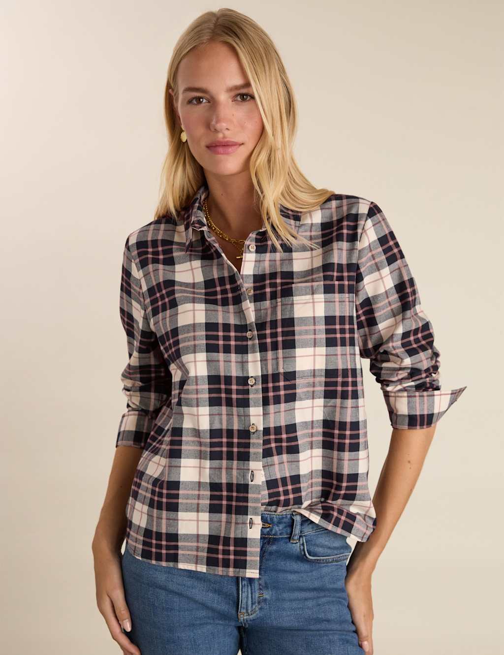 Baukjen Women's Pure Cotton Checked Relaxed Shirt - 14 - Navy Mix - Available at M&S