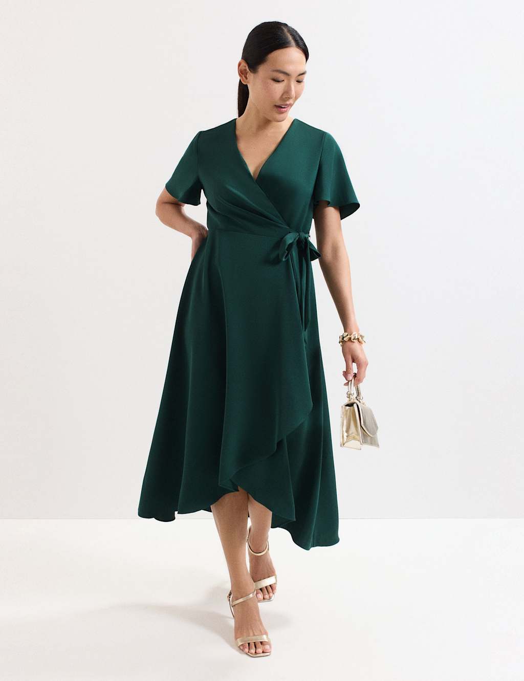 Phase Eight V-Neck Angel Sleeve Midi Wrap Dress Green