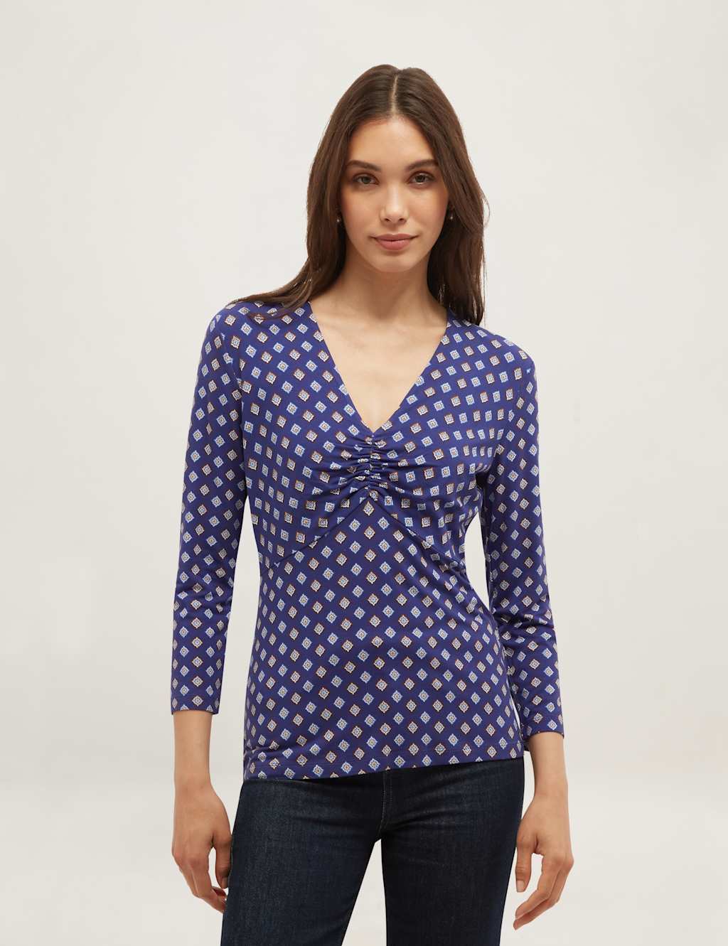 Hobbs Women's Printed Ruched V-Neck Top - Small - Blue Mix - Available at M&S