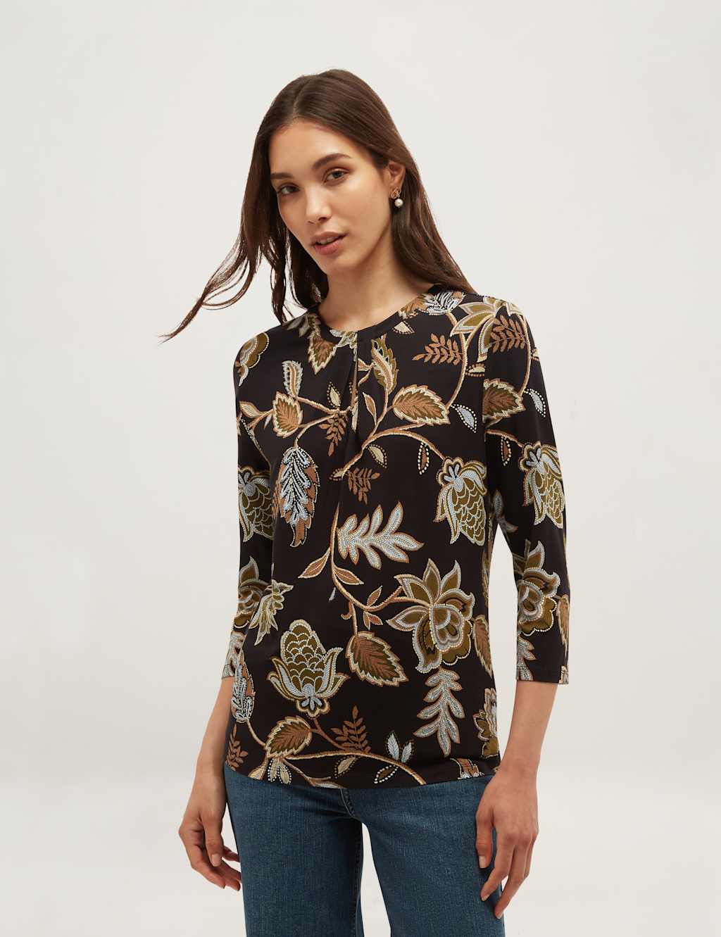 Hobbs Women's Jersey Floral Crew Neck Slim Fit Top - Large - Green Mix - Available at M&S