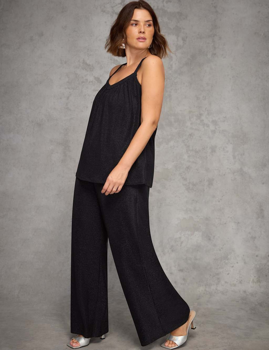 Live Unlimited London Jersey Sparkly V-Neck Cami Top Black