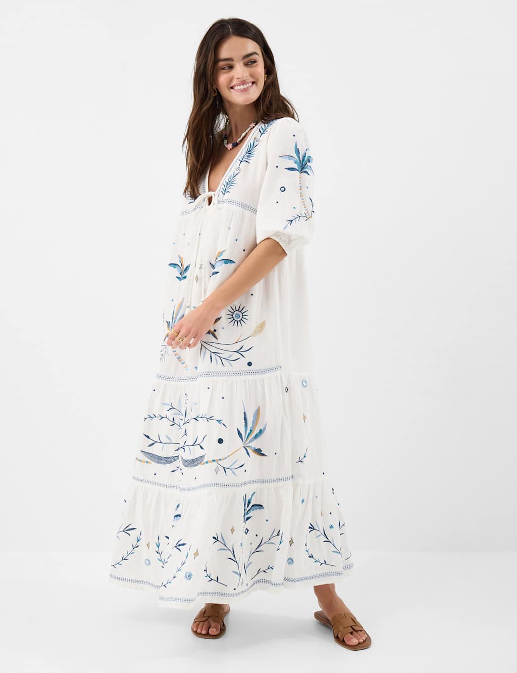 Accessorize Women's Pure Cotton Embroidered Maxi Tiered Dress - Small - Ivory - Available at M&S