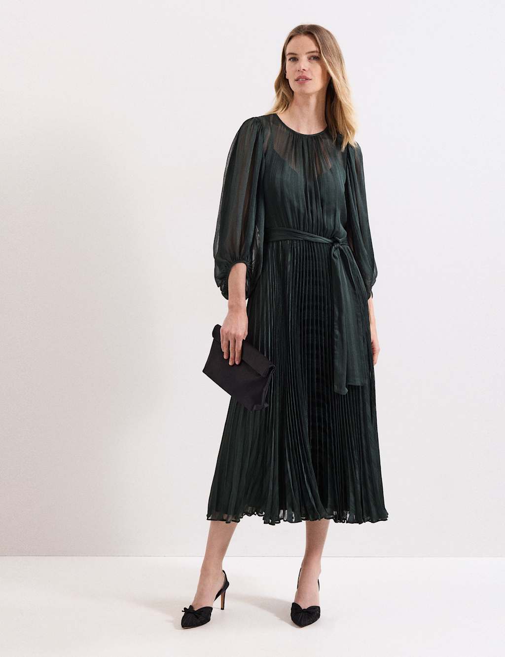 Phase Eight Sheer Plisse Pleated Midi Waisted Dress Black Mix