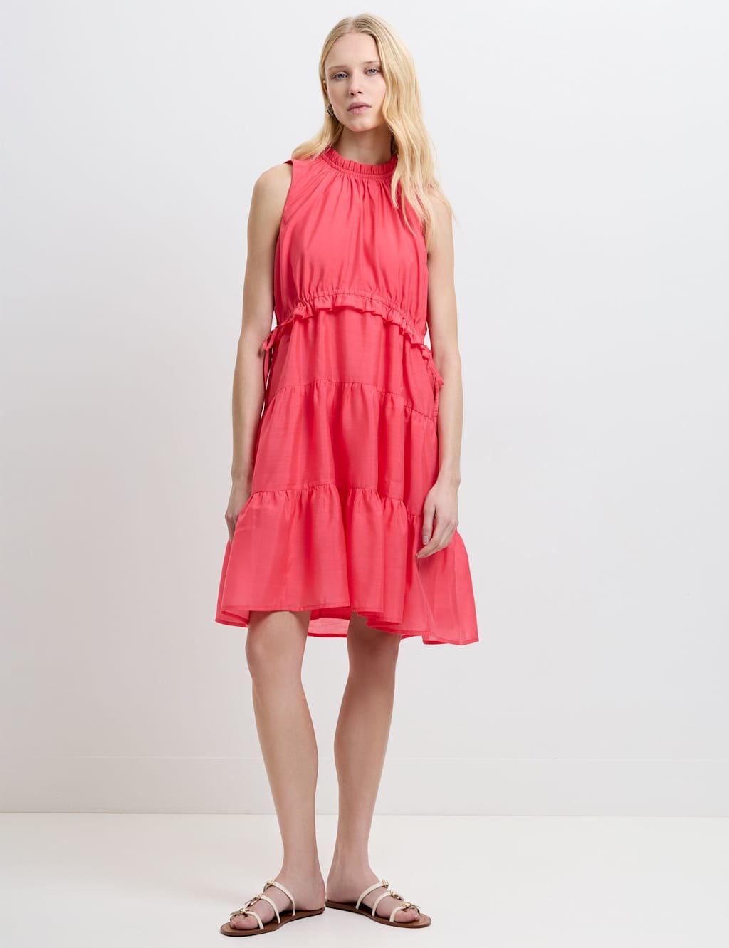 French Connection Women's High Neck Ruffle Midi Tiered Dress - Extra Small - Pink - Available at M&S