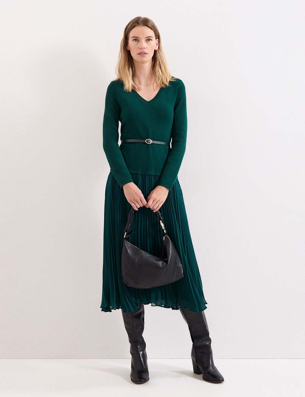 Phase Eight V-Neck Belted Midi Jumper Dress Green Mix