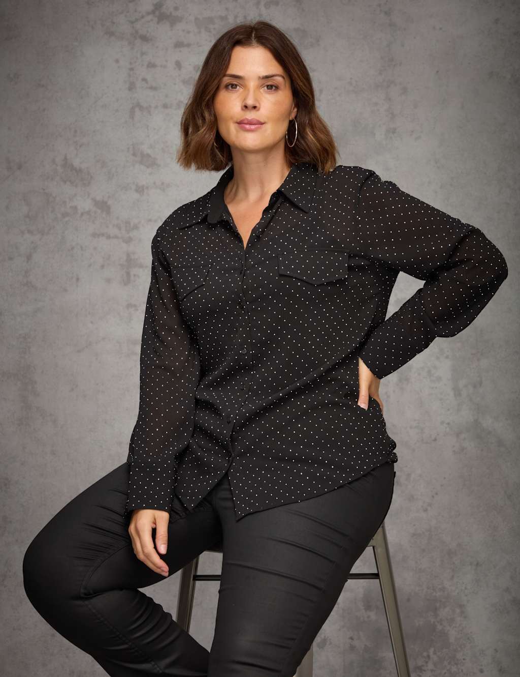 Live Unlimited London Sheer Embellished Button Through Shirt Black