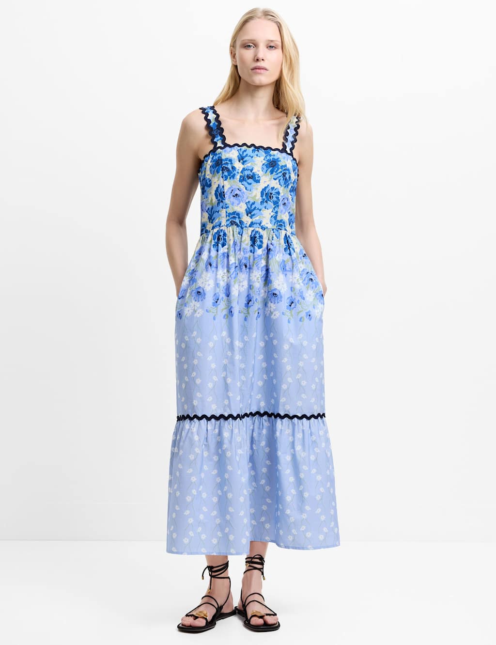 French Connection Women's Pure Cotton Floral Square Neck Midaxi Dress - 16 - Blue Mix - Available at M&S