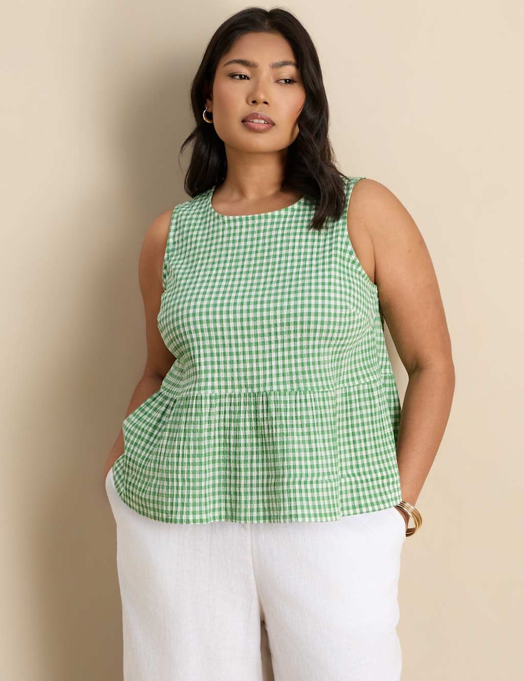 Live Unlimited London Women's Cotton Rich Gingham Round Neck Peplum Top - 20 - Green Mix - Available at M&S