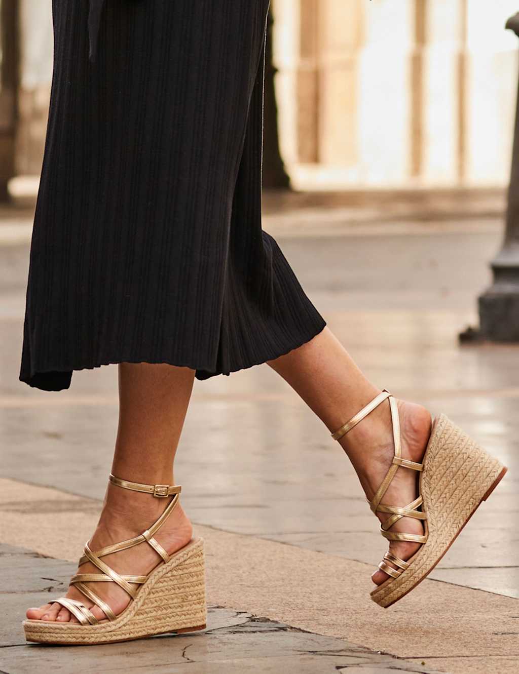 Leather Metallic Strappy Wedge Espadrilles