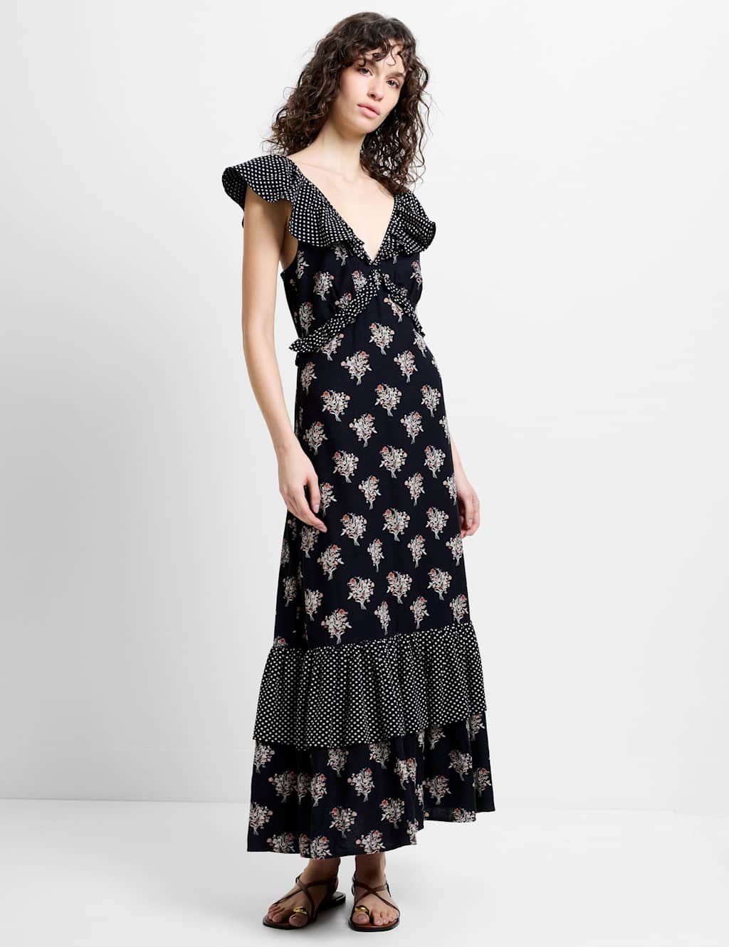 French Connection Women's Cotton Blend Midaxi Tiered Dress - 6 - Black Mix - Available at M&S
