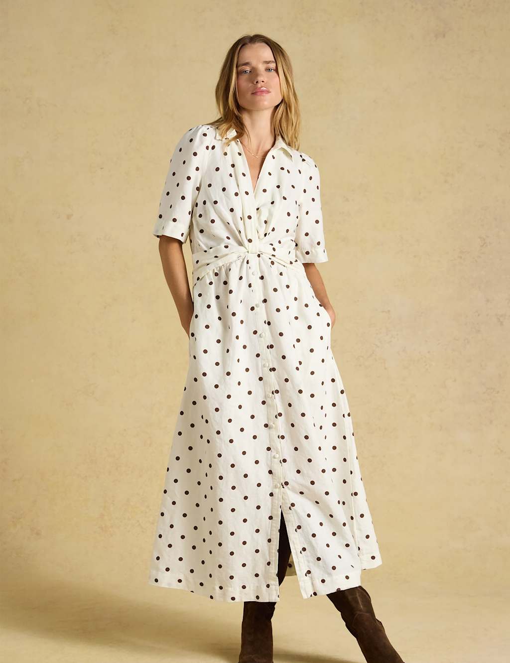 Joules Women's Linen Cotton Blend Polka Dot Midi Dress - 12 - Cream Mix - Available at M&S