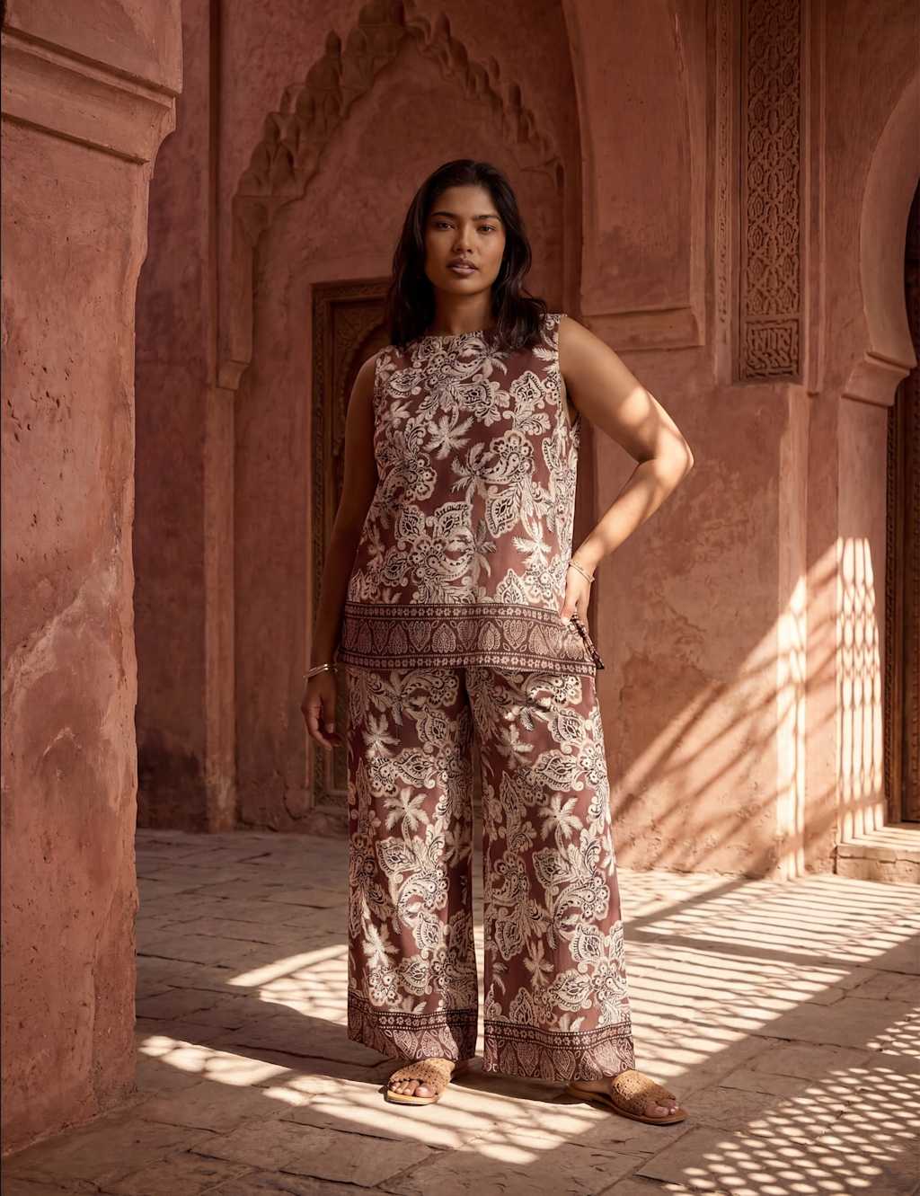 Live Unlimited London Women's Printed Wide Leg Trousers - 16 - Brown Mix - Available at M&S