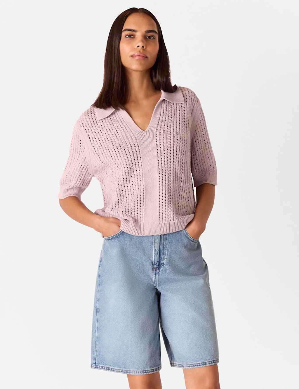 Pure Cotton Pointelle Collared V-Neck Jumper