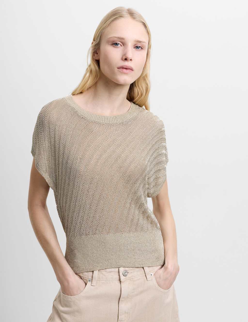 French Connection Women's Metallic Textured Crew Neck Knitted Top - Medium - Gold - Available at M&S