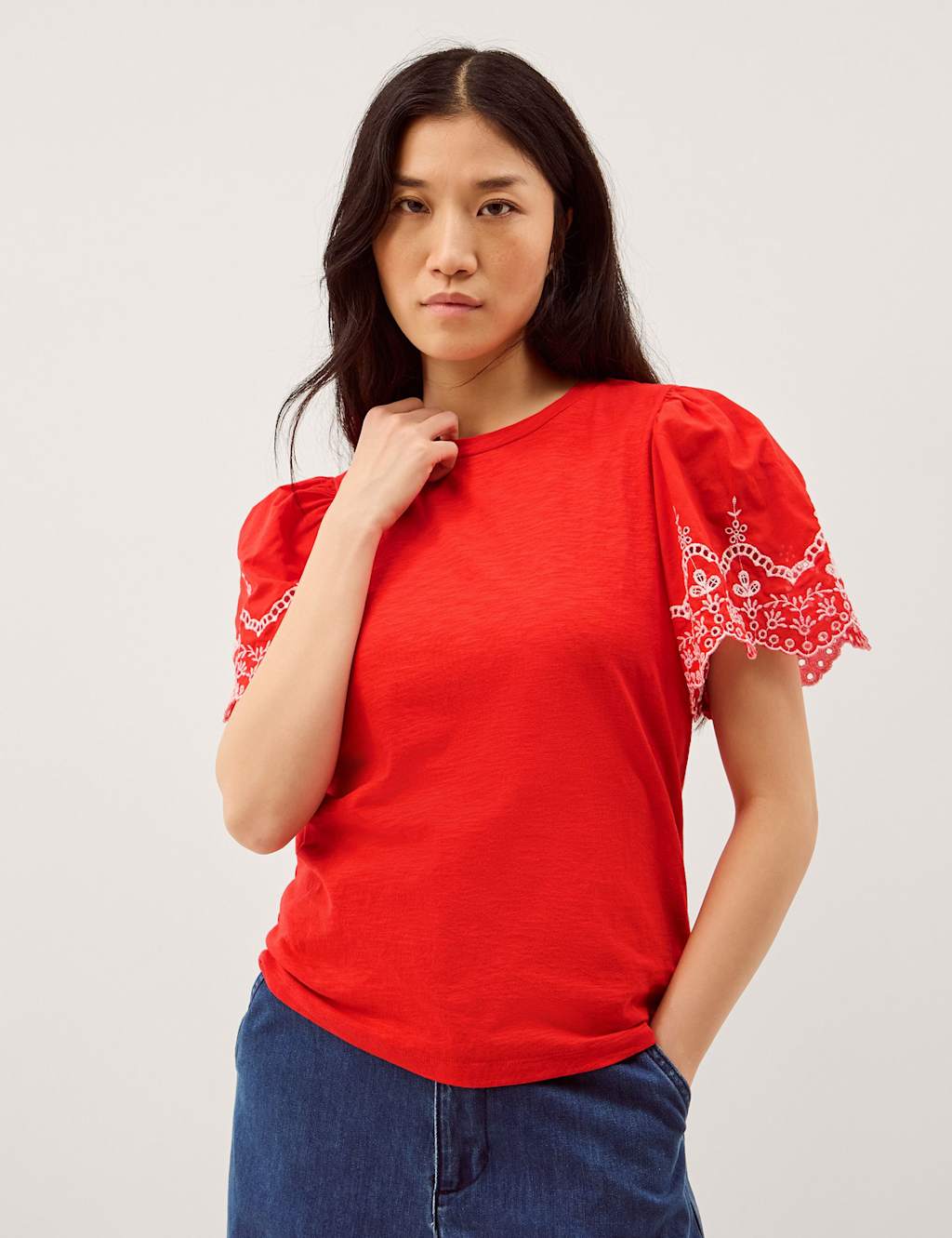 Monsoon Women's Pure Cotton Broderie T-Shirt - Extra Large - Red - Available at M&S